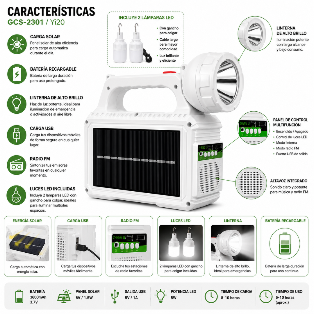 Linterna Solar Recargable Radio Camping